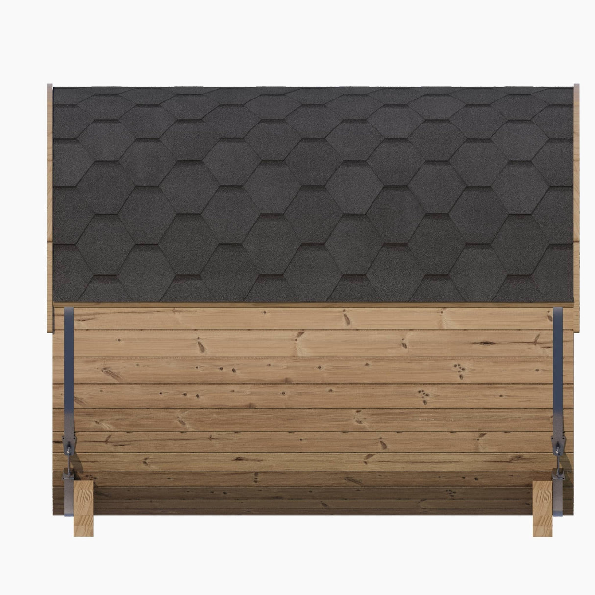 Side view of the SaunaLife E8 Barrel Sauna highlighting the black shingle roof and cedar wood siding.