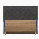 Side view of the SaunaLife E8 Barrel Sauna highlighting the black shingle roof and cedar wood siding.