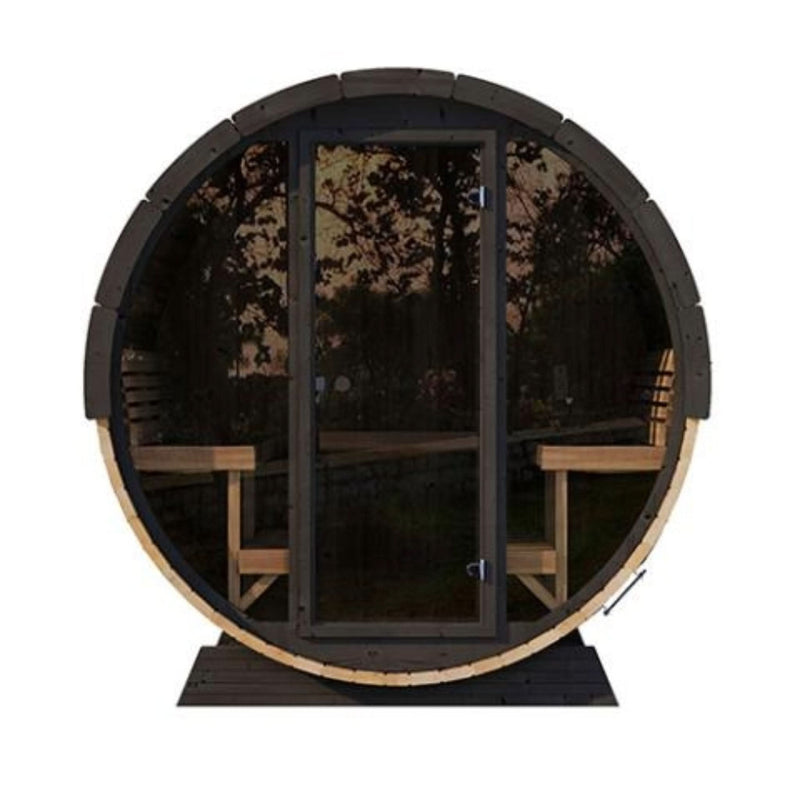 Front view of the SaunaLife E8W Panoramic Barrel Sauna showing the full glass end wall and internal benches.