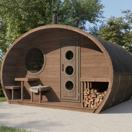 SaunaLife Model G11 8-person outdoor sauna front view with parabolic arch design, three round windows, terrace benches and firewood storage.