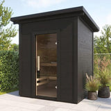 SaunaLife Model G2 4-person outdoor sauna with dark stained Nordic spruce exterior and modern design on patio.