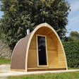 SaunaLife Model G3 6-person Garden Series outdoor sauna with parabolic arched roof, bronze glass door and thermo-pine construction.