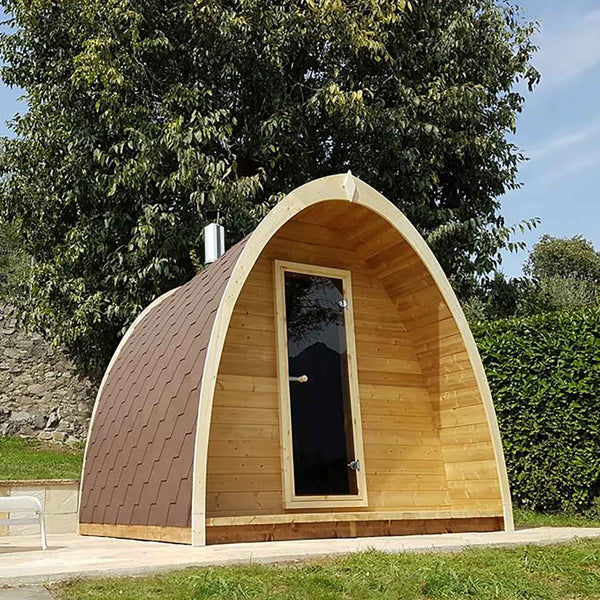 SaunaLife Model G3 6-person Garden Series outdoor sauna with parabolic arched roof, bronze glass door and thermo-pine construction.