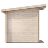 SaunaLife Model G4 Garden Series sauna side wall view showing Nordic spruce interlocking beam construction and sloped roof design.