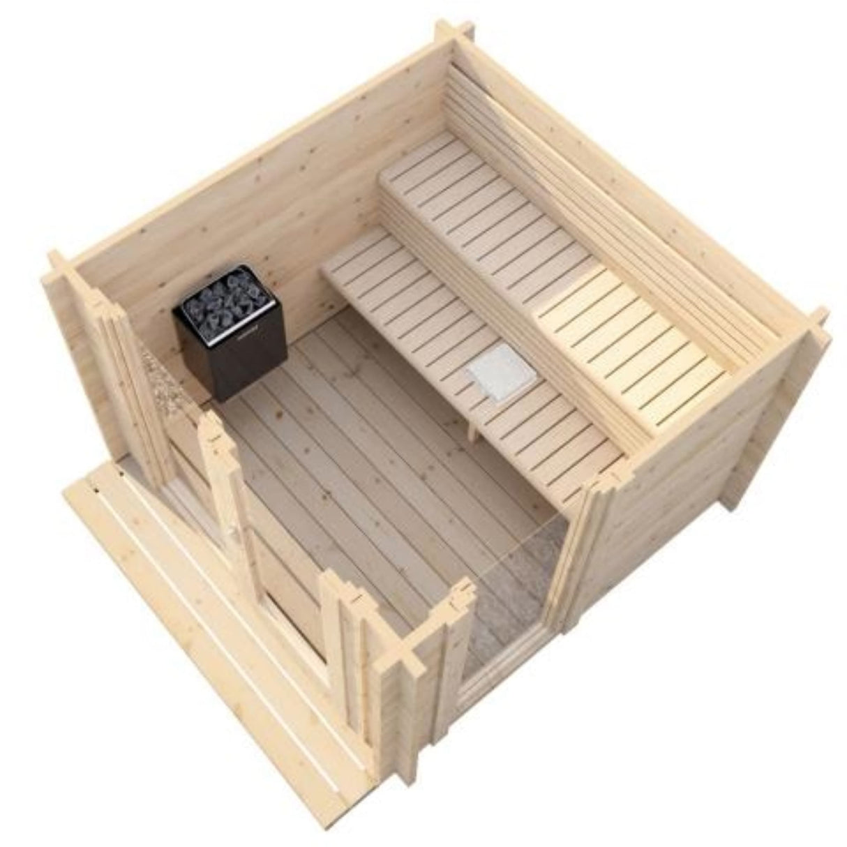 SaunaLife G4 6-person sauna aerial interior view showing L-shaped aspen bench layout, electric heater and Nordic spruce walls.