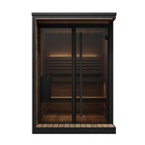 SaunaLife GL4 Garden Luxury outdoor sauna front view showing full bronze tempered glass door and window with black frame.