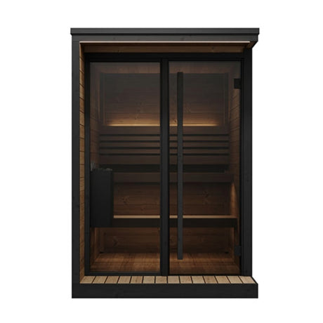 SaunaLife GL4 Garden Luxury outdoor sauna front view showing full bronze tempered glass door and window with black frame.