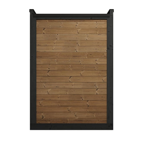 SaunaLife Model GL4 Garden Luxury sauna rear view showing thermo-spruce wood wall construction with black trim.