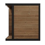 SaunaLife Model GL4 outdoor sauna side view displaying thermo-spruce wood construction, integrated porch and black exterior trim.