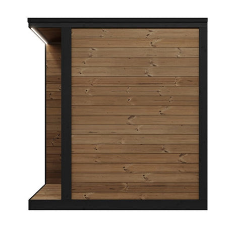 SaunaLife Model GL4 outdoor sauna side view displaying thermo-spruce wood construction, integrated porch and black exterior trim.