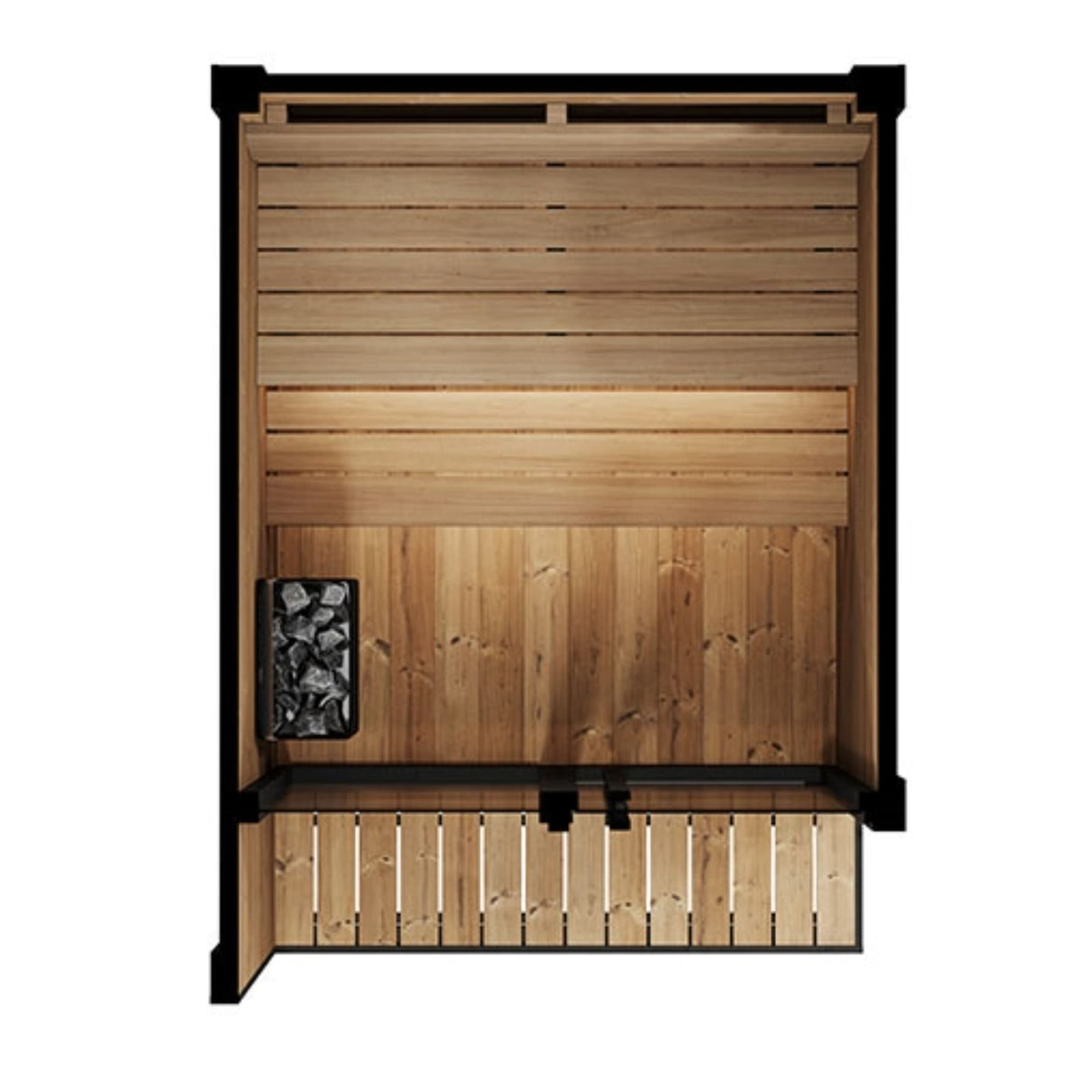SaunaLife Model GL4 sauna aerial interior view showing two-tier bench layout, electric heater, LED lighting and integrated porch.
