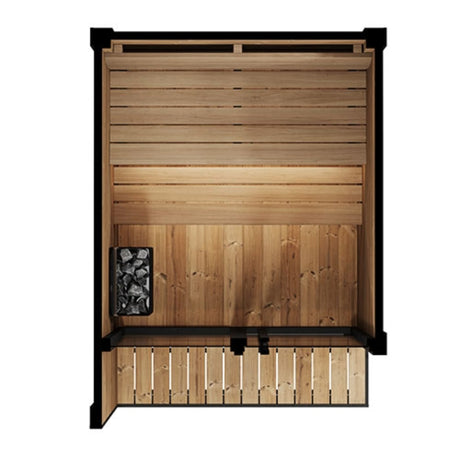 SaunaLife Model GL4 sauna aerial interior view showing two-tier bench layout, electric heater, LED lighting and integrated porch.