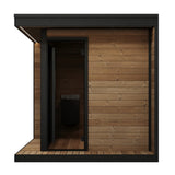 SaunaLife Model GL6 6-person outdoor sauna side angle view with bronze glass door, wrap-around porch and LED eaves lighting.