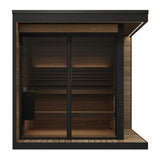 SaunaLife GL6 Garden Luxury outdoor sauna front view showing bronze tempered glass door with black frame and two-tier bench interior.