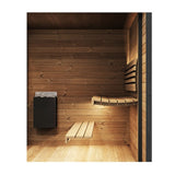 SaunaLife Model GL6 sauna interior corner showing thermo-spruce walls, two-tier benches, electric sauna heater and LED lighting.