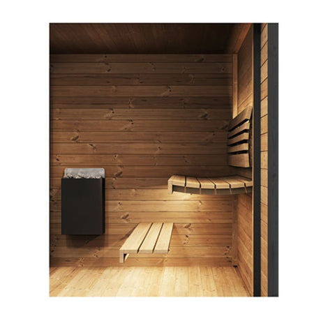 SaunaLife Model GL6 sauna interior corner showing thermo-spruce walls, two-tier benches, electric sauna heater and LED lighting.