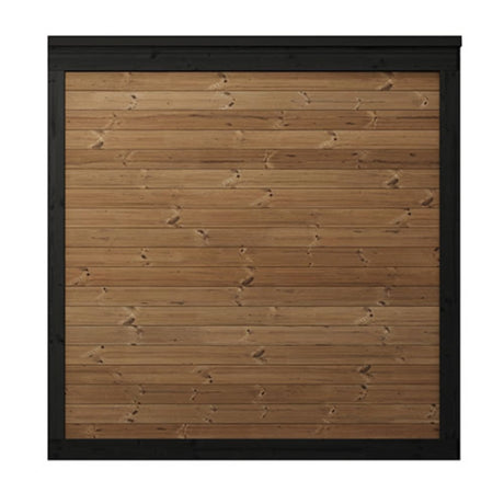 SaunaLife GL6 Garden Luxury sauna rear exterior wall showing thermo-spruce horizontal board construction with black frame trim.