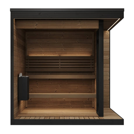 SaunaLife Model GL6 sauna interior view showing thermo-spruce walls, two-tier bench layout and LED lighting through open glass door.