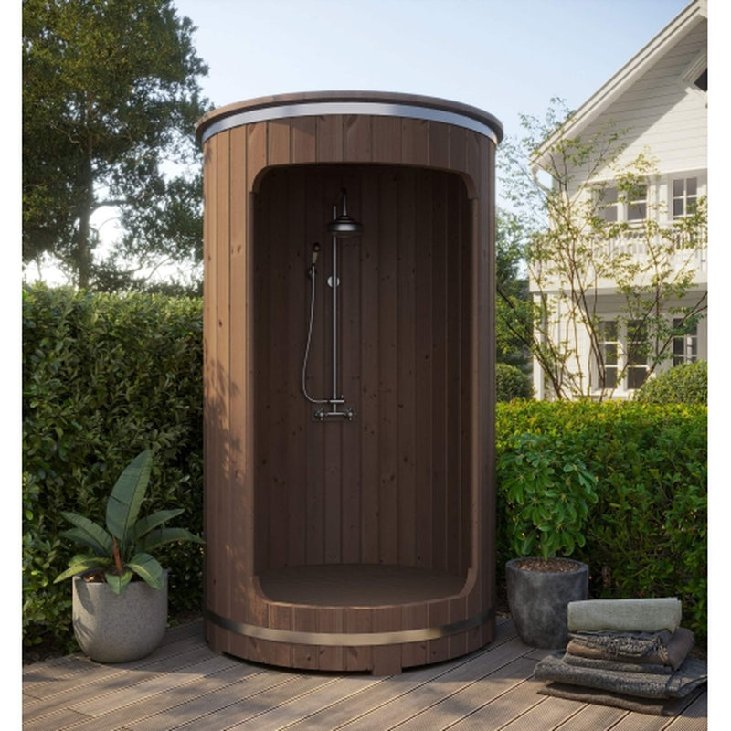 SaunaLife Model R3 Rain Series Outdoor Barrel Shower | Thermo-Spruce Enclosure