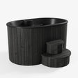 SaunaLife Model S2B 2-person Soak Series hot and cold immersion tub with black thermo-pine exterior, black fiberglass interior and matching stairs.