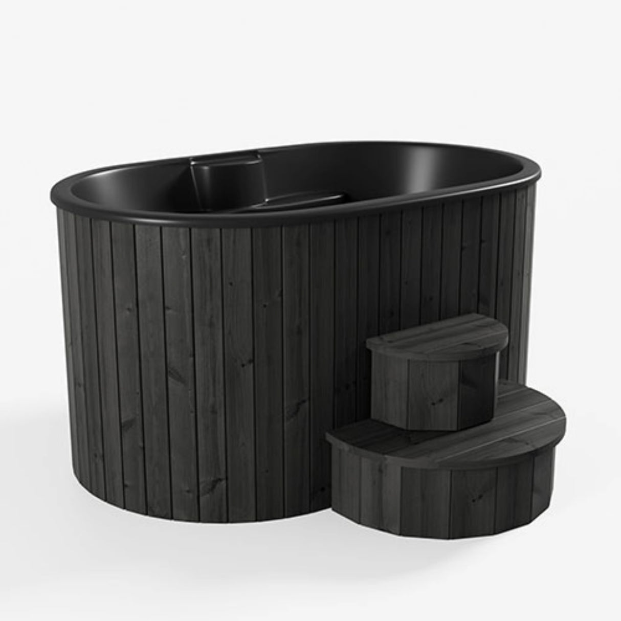 SaunaLife Model S2B 2-person Soak Series hot and cold immersion tub with black thermo-pine exterior, black fiberglass interior and matching stairs.