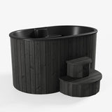 SaunaLife Model S2B 2-person Soak Series hot and cold immersion tub with black thermo-pine exterior, black fiberglass interior and matching stairs.