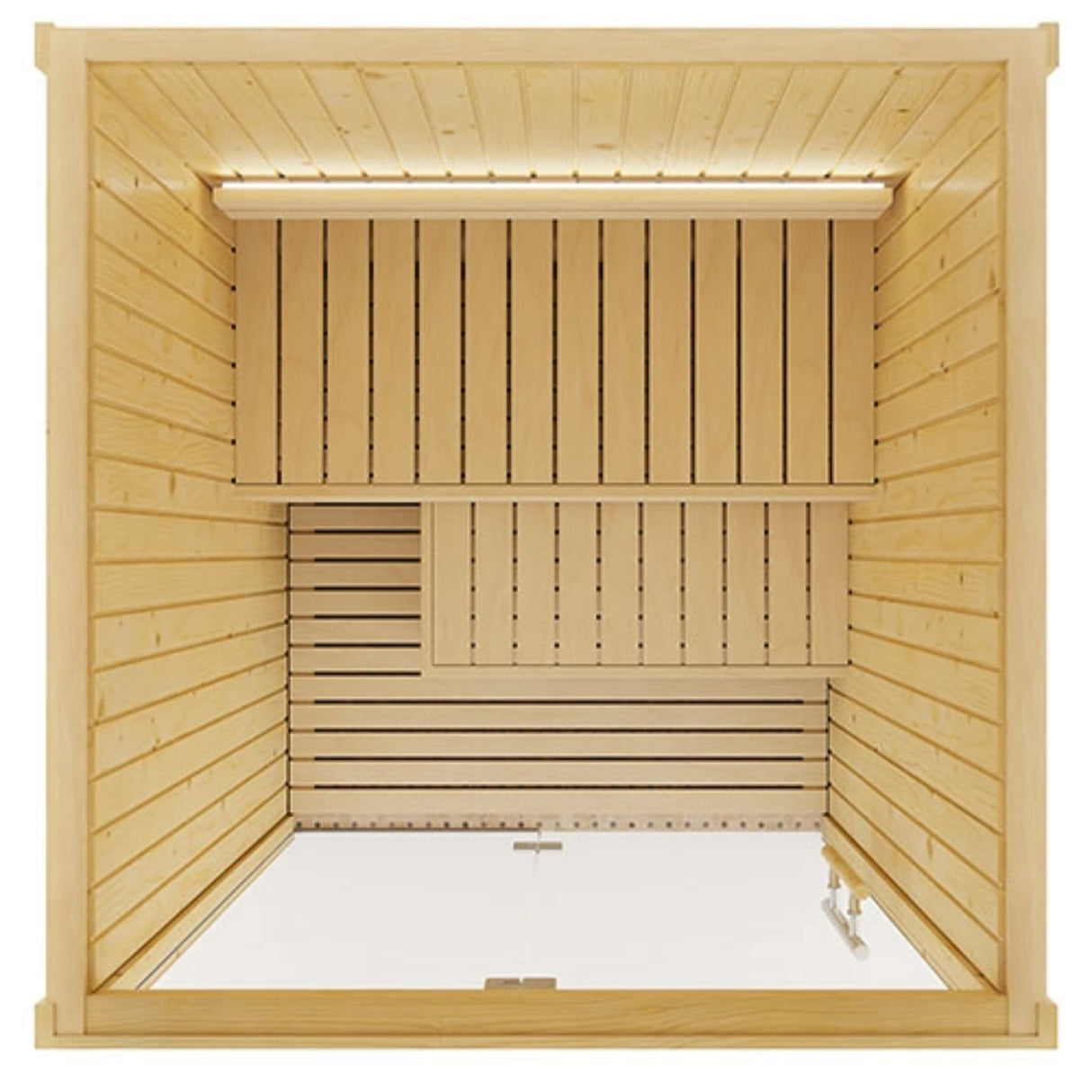 SaunaLife Model X2 indoor sauna top-down interior view showing flat bench layout, footrest and Nordic spruce walls with LED lighting.