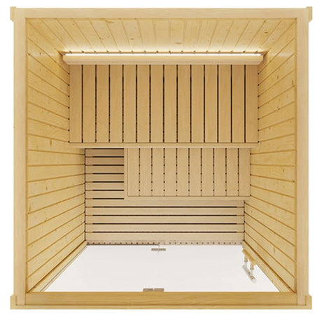 SaunaLife Model X2 indoor sauna top-down interior view showing flat bench layout, footrest and Nordic spruce walls with LED lighting.