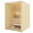 SaunaLife X2 Xperience Series 2-person indoor sauna angled view with tempered glass door and Nordic spruce construction.