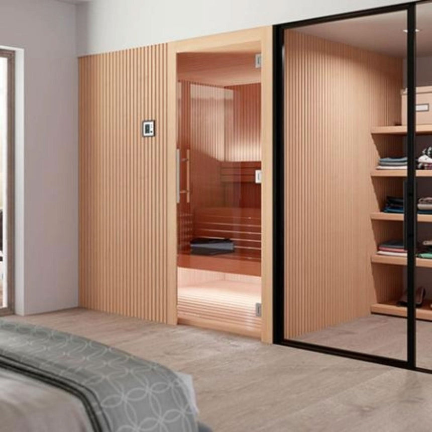 Auroom Libera Wood 59×71 Indoor Sauna Kit | 3-Person Designer Wood-Front Finnish Sauna