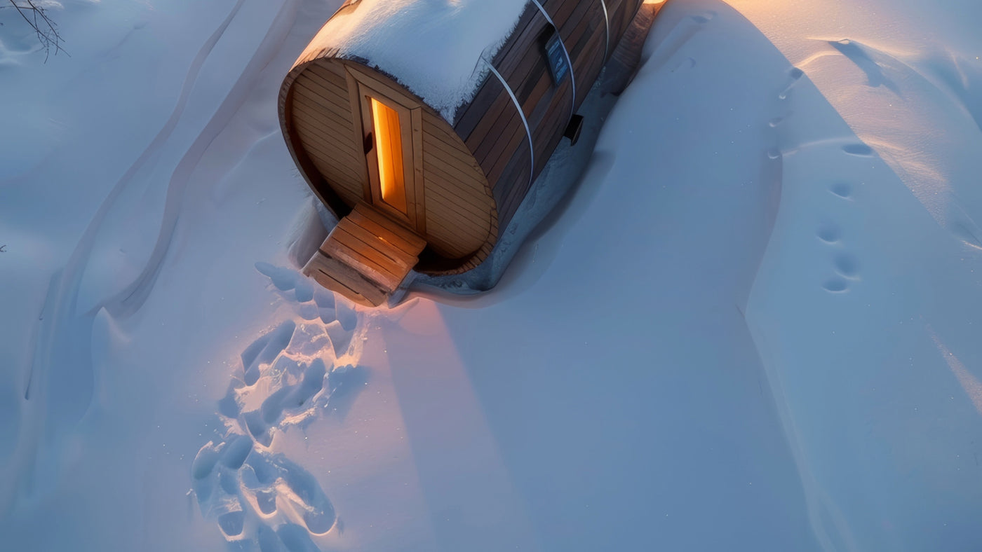The Sauna Republic desktop hero image of snowy barrel sauna with inviting footprint path at sunset, for discovering your ideal sauna through quiz or consultation