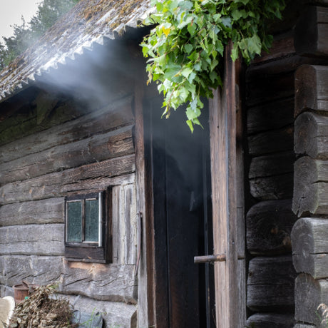 Traditional wooden sauna with steam and natural birch branches.